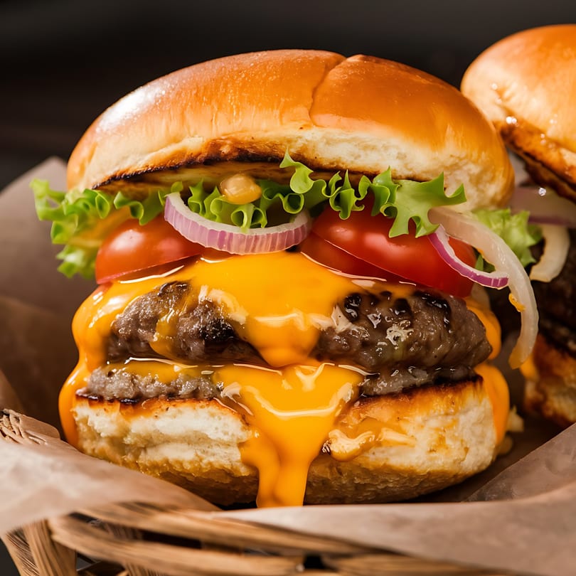 Double cheeseburger with melted cheese, lettuce, tomatoes, and onions in a basket.